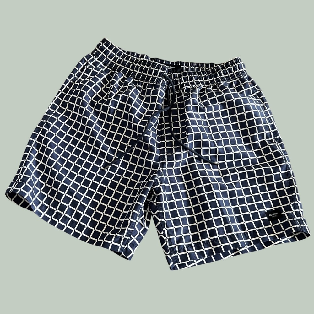 Jack Spade Mens Geometric Grid Swim Trunks L Navy White Mesh Lined Blokecore